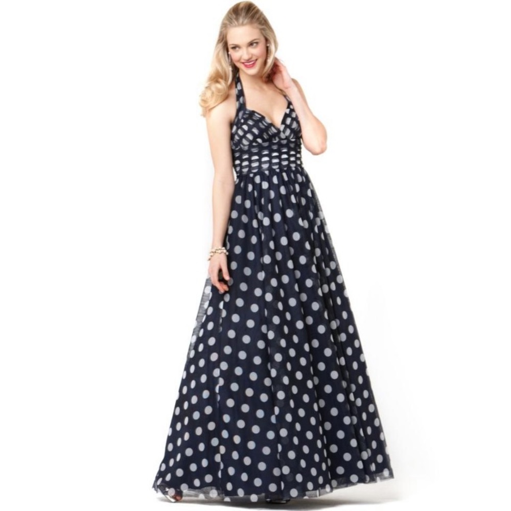Adrianna Papell
Navy Halter Polka Dot Evening Gown